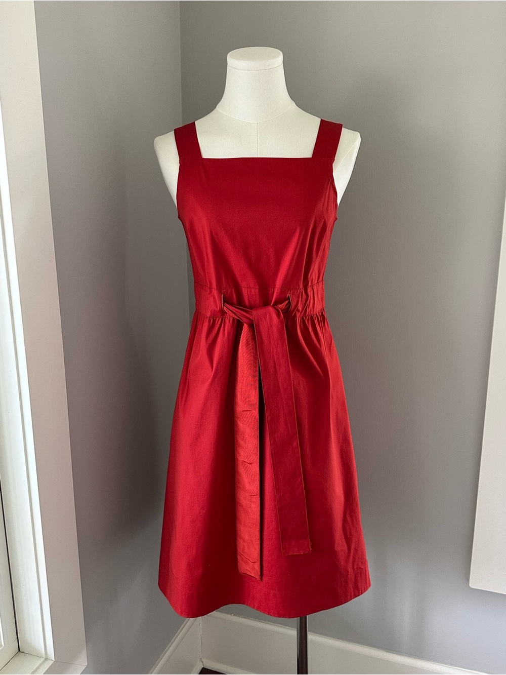 Lafayette 148 New York Red Square Neck Belted Fit & Flare Dress Size 2